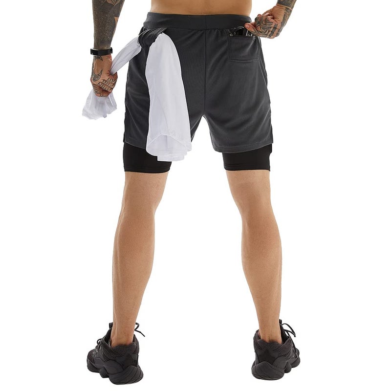 OEBLD Mens Athletic Shorts 2-in-1 Gym Workout Running 7'' Shorts with Towel Loop Grey - Image 2